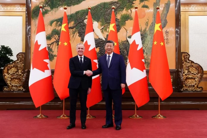 Canadian Prime Minister Mark Carney (left) meeting China's President Xi Jinping at the Great Hall of the People in Beijing on Jan 16 for canada china trade deal