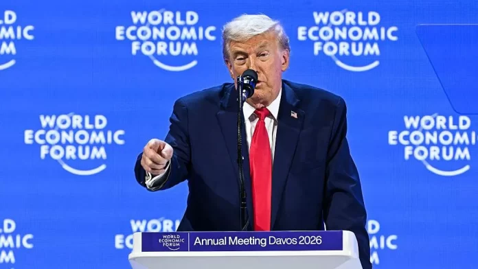 Donald Trump speaking at the World Economic Forum in Davos about acquiring Greenland and global economy.