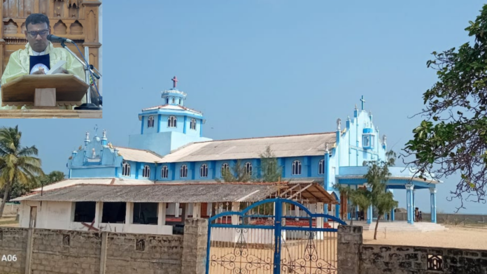 Father Vasanthan delivering a strong message against drug smuggling at Kattaikadu Church in Jaffna.