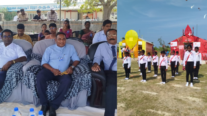 Students competing in track events at Porpathi RCGM School Annual Sports Meet presided by MP Rajeevan.